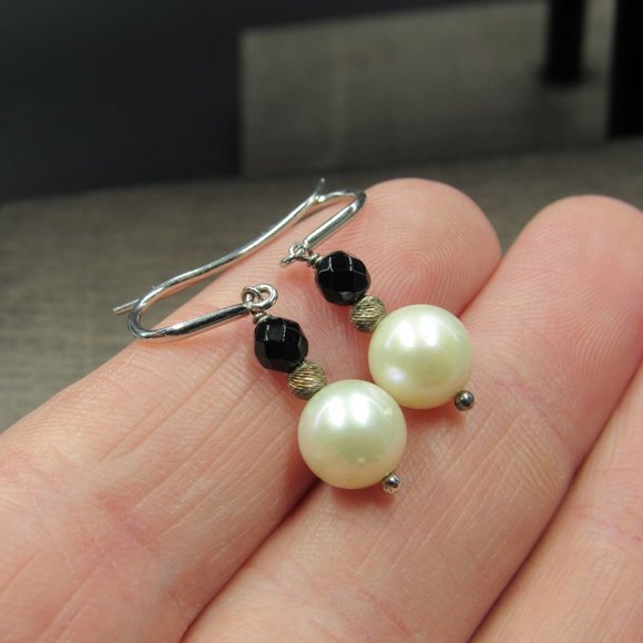 Sterling Silver Round Pearl Dangle Earrings - Picture 2 of 6